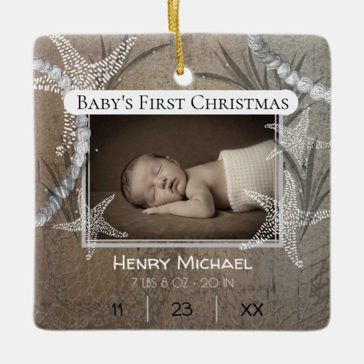 Gepersonaliseerde Nautical Baby's Eerste Kerstmis Keramisch Ornament (Voorkant)