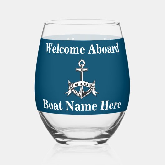 Gepersonaliseerde Nautical Boot Naam Anker Blauw W Wijnglas Zonder Voet (Voorkant)