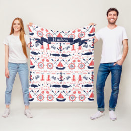 Gepersonaliseerde Nautical Coral Navy Whale Rope B Fleece Deken