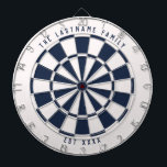 Gepersonaliseerde Nautical Navy Blue en White Dartbord<br><div class="desc">Nautical navy blue en white dartboard met uw eigen douanetekst op de bovenkant en de bodem. Met een draai op het klassieke dartboard van de stijl,  kenmerkt dit leuke gamebord een gebroken wit en jaloers blauw kleurenschema om goed met vele huisdecor stijlen voor een moderne draai te werken.</div>