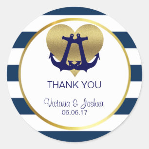 Gepersonaliseerde Nautical Navy Gold Heart Bruilof Ronde Sticker