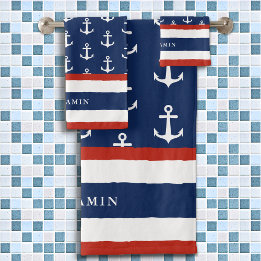 Gepersonaliseerde Nautical White Navy Blue Anchor Bad Handdoek