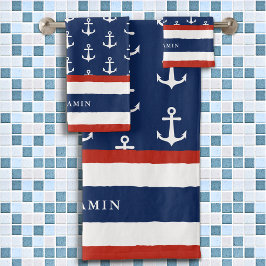 Gepersonaliseerde Nautical White Navy Blue Anchor Bad Handdoek
