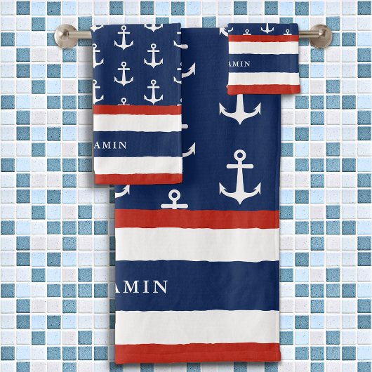 Gepersonaliseerde Nautical White Navy Blue Anchor Bad Handdoek