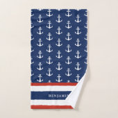 Gepersonaliseerde Nautical White Navy Blue Anchor Bad Handdoek (Handdoek)