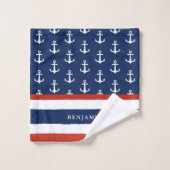 Gepersonaliseerde Nautical White Navy Blue Anchor Bad Handdoek (Wasdoekje)