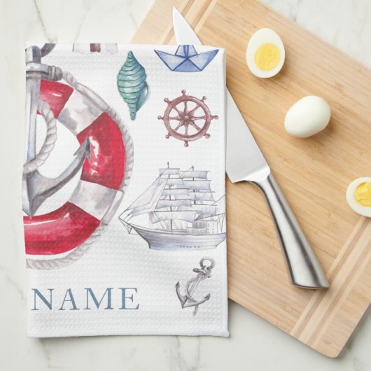 Gepersonaliseerde nautische elementen waterverf theedoek (Quarter Fold)