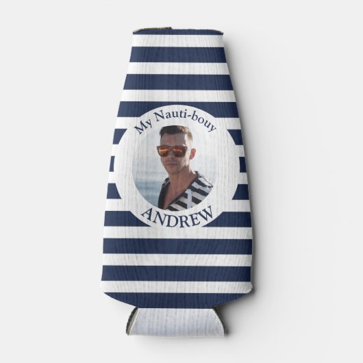 Gepersonaliseerde Nautische Foto Marine Stripe Fle Flesjeskoeler (Voorkant)