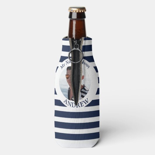 Gepersonaliseerde Nautische Foto Marine Stripe Fle Flesjeskoeler (Fles Achterkant)