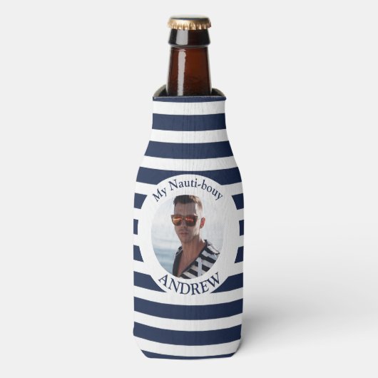 Gepersonaliseerde Nautische Foto Marine Stripe Fle Flesjeskoeler (Fles Voorkant)