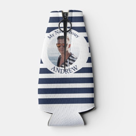 Gepersonaliseerde Nautische Foto Marine Stripe Fle Flesjeskoeler (Achterkant)