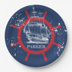 Gepersonaliseerde nautische partij zeilboot blauw papieren bordje