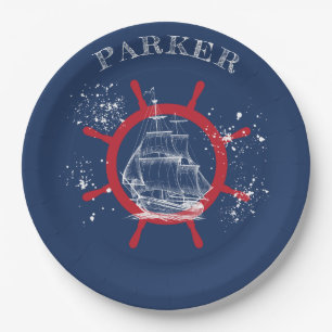 Gepersonaliseerde nautische partij zeilboot blauw papieren bordje
