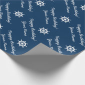Gepersonaliseerde nautische schip wiel blauw en wi cadeaupapier (Hoek)