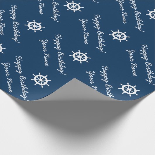 Gepersonaliseerde nautische schip wiel blauw en wi cadeaupapier (Hoek)