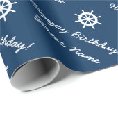 Gepersonaliseerde nautische schip wiel blauw en wi cadeaupapier (Rol Hoek)