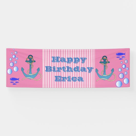 Gepersonaliseerde Nautische Thema Happy Birthday B Spandoek (Horizontaal)