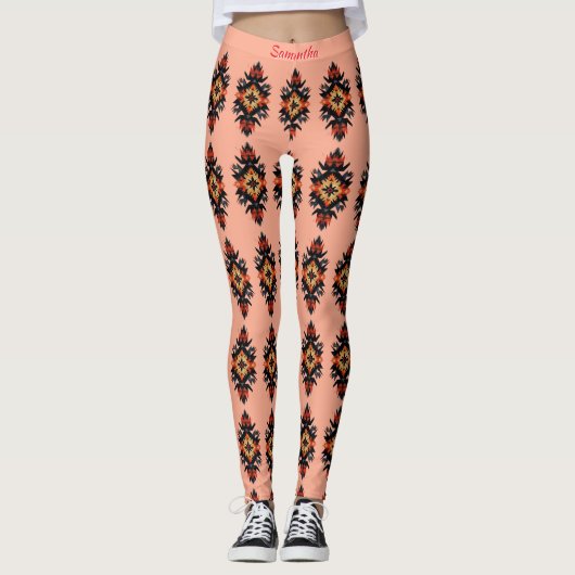 Gepersonaliseerde Navajo Patroon op Coral Pink Leggings (Voorkant)