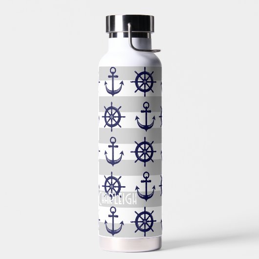 Gepersonaliseerde Navy Blue Anchor Boat Wheel Naut Waterfles (Links)