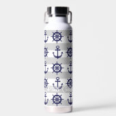Gepersonaliseerde Navy Blue Anchor Boat Wheel Naut Waterfles (Voorkant)