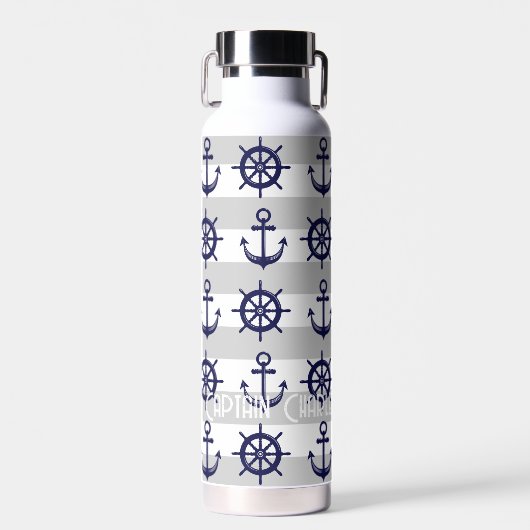 Gepersonaliseerde Navy Blue Anchor Boat Wheel Naut Waterfles (Voorkant)