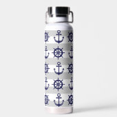 Gepersonaliseerde Navy Blue Anchor Boat Wheel Naut Waterfles (Achterkant)