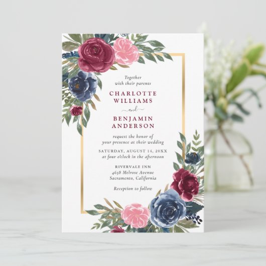 Gepersonaliseerde Navy Blue Bourgogne Gouden Bloem Kaart (Staand voorkant)