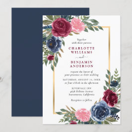 Gepersonaliseerde Navy Blue Bourgogne Gouden Bloem Kaart