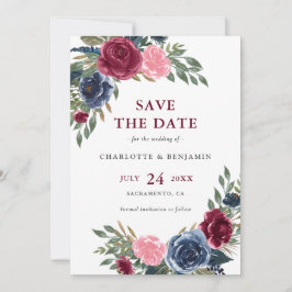 Gepersonaliseerde Navy Blue en Bourgondië Floral b Save The Date