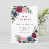 Gepersonaliseerde Navy Blue en Bourgondië Floral b Save The Date (Staand voorkant)