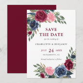 Gepersonaliseerde Navy Blue en Bourgondië Floral b Save The Date (Voorkant / Achterkant)