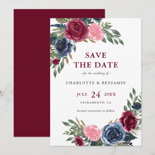 Gepersonaliseerde Navy Blue en Bourgondië Floral b Save The Date (Voorkant / Achterkant)