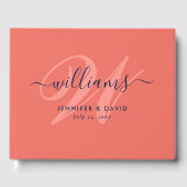 Gepersonaliseerde Navy Blue en Coral Monogram brui Gastenboek (Voorkant)