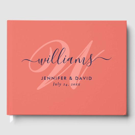 Gepersonaliseerde Navy Blue en Coral Monogram brui Gastenboek (Voorkant)
