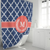 Gepersonaliseerde Navy Blue en Coral Quatrefoil Douchegordijn