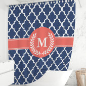 Gepersonaliseerde Navy Blue en Coral Quatrefoil Douchegordijn
