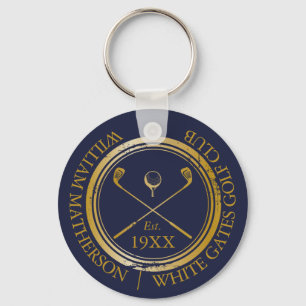 Gepersonaliseerde Navy Blue en Gold Golf Club naam Sleutelhanger