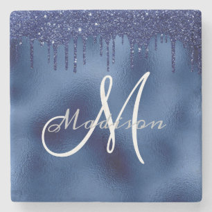 Gepersonaliseerde Navy Blue Glitter Monogram Aange Stenen Onderzetter