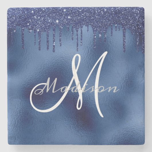 Gepersonaliseerde Navy Blue Glitter Monogram Aange Stenen Onderzetter (Voorkant)