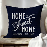 Gepersonaliseerde Navy Blue Home Sweet Home Kussen<br><div class="desc">Breng warmte en charme naar uw huis met dit gepersonaliseerde marineblauwe "Home Sweet Home" werpkussen. Het elegante script en de aanpasbare familienaam creëer zijn een welkome touch voor uw woonkamer of slaapkamer. De kleur van de diepe marine voegt een vleugje sophisticatie toe aan elke huisstijl.</div>