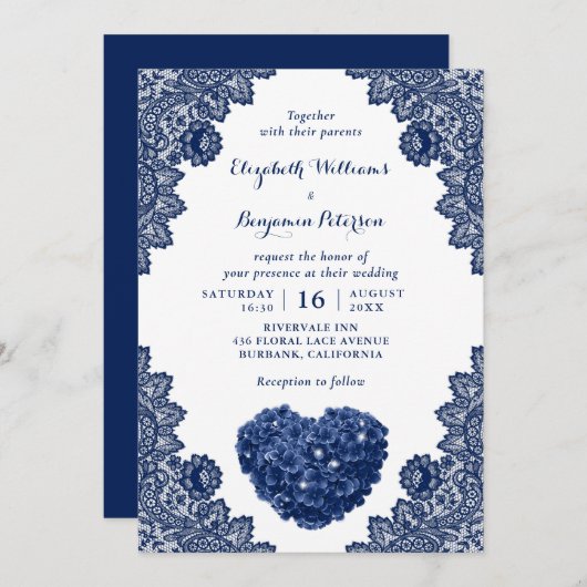 Gepersonaliseerde Navy Blue Lace Hortensia Wedding Kaart (Voorkant / Achterkant)