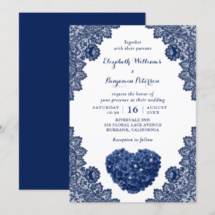 Gepersonaliseerde Navy Blue Lace Hortensia Wedding Kaart
