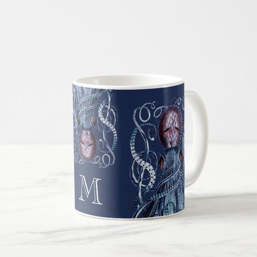 Gepersonaliseerde Navy Blue Nautical Octopus Koffiemok (Voorkant rechts)