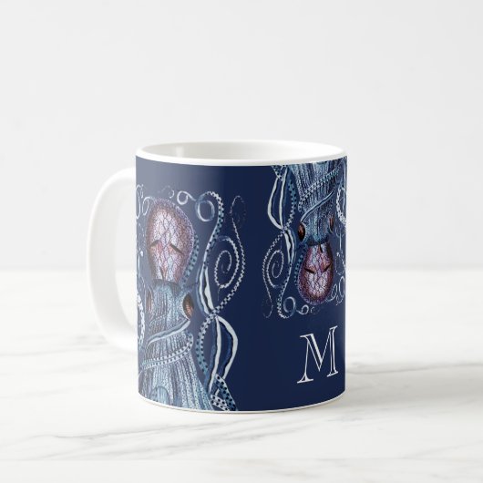 Gepersonaliseerde Navy Blue Nautical Octopus Koffiemok (Voorkant links)
