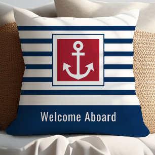 Gepersonaliseerde Navy Blue Nautical Stripes Anker Kussen