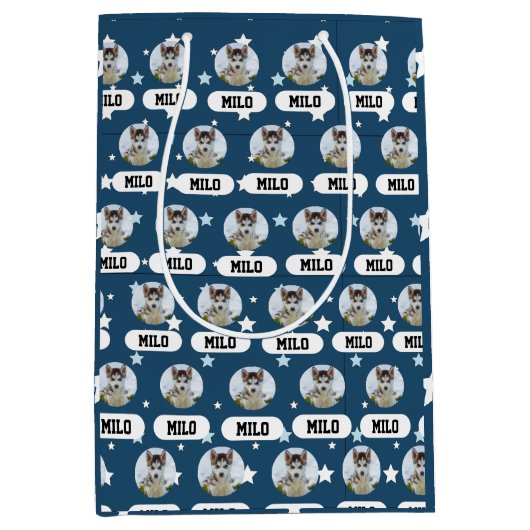 Gepersonaliseerde Navy Blue Pet Photo Star Pattern Medium Cadeauzakje (Voorkant)