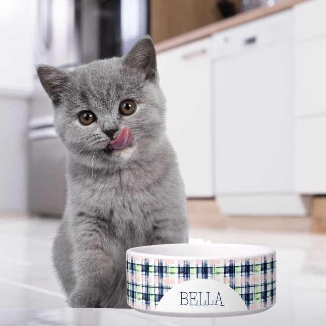 Gepersonaliseerde Navy Blue & Pink Plaid Pet Voerbakje (Creator heeft geüpload)