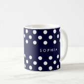 Gepersonaliseerde Navy Blue Polka Dots Koffiemok (Voorkant rechts)