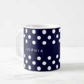 Gepersonaliseerde Navy Blue Polka Dots Koffiemok (Voorkant links)