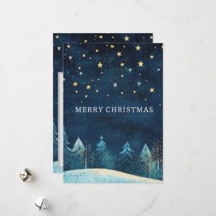 Gepersonaliseerde Navy Blue Snowy Night Sky Kerstm Feestdagenkaart